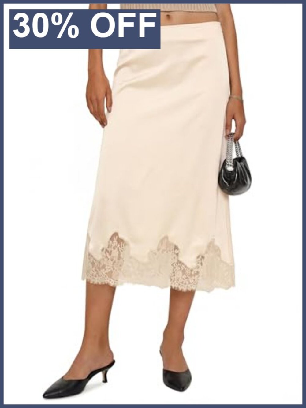 Cicy Bell Polyester Satin Midi Skirt Lace Hem A-Line Elegant
